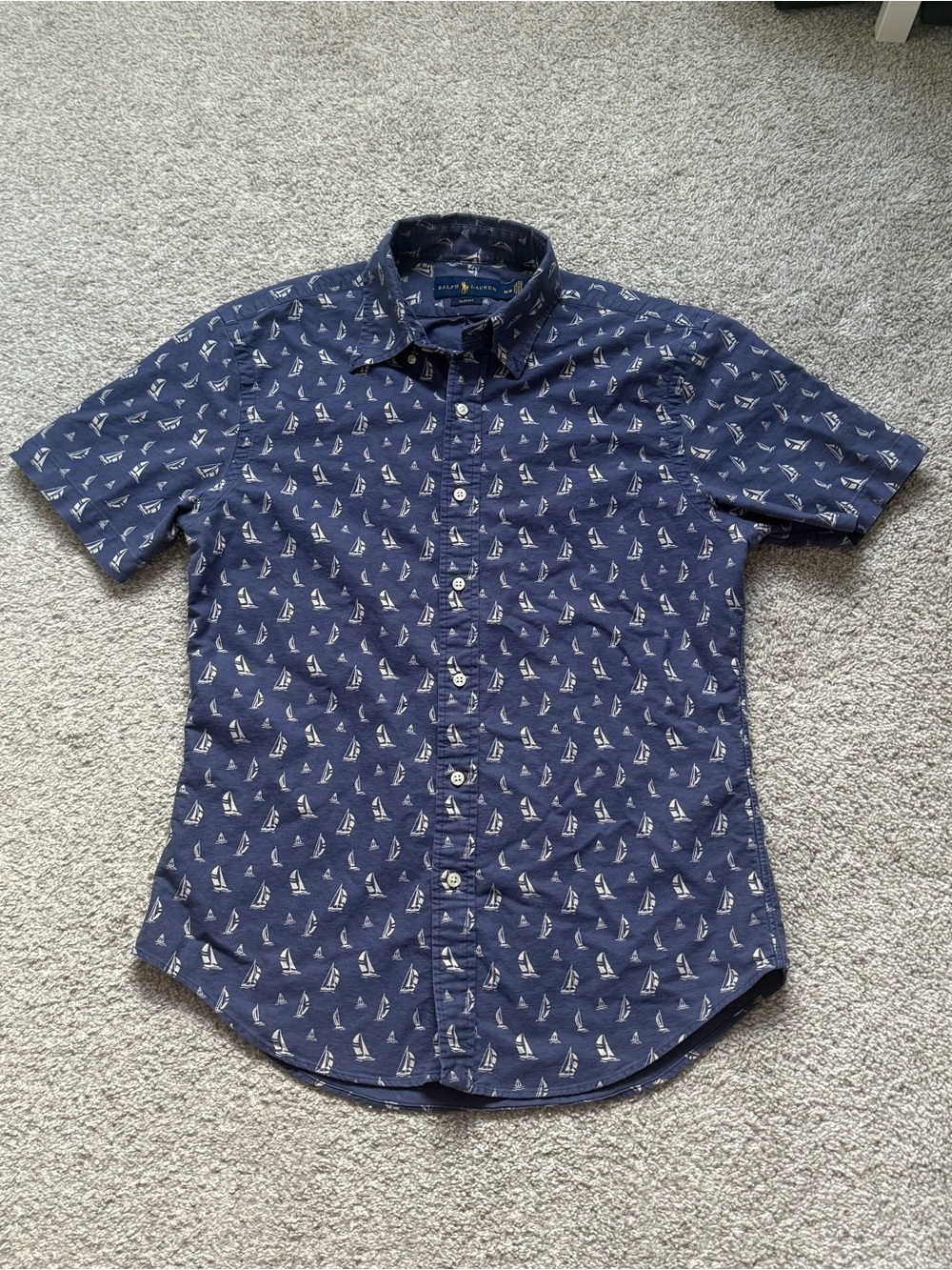 Ralph Lauren Men’s M Slim Fit Sailboat Print Button Down Shirt Navy Blue
